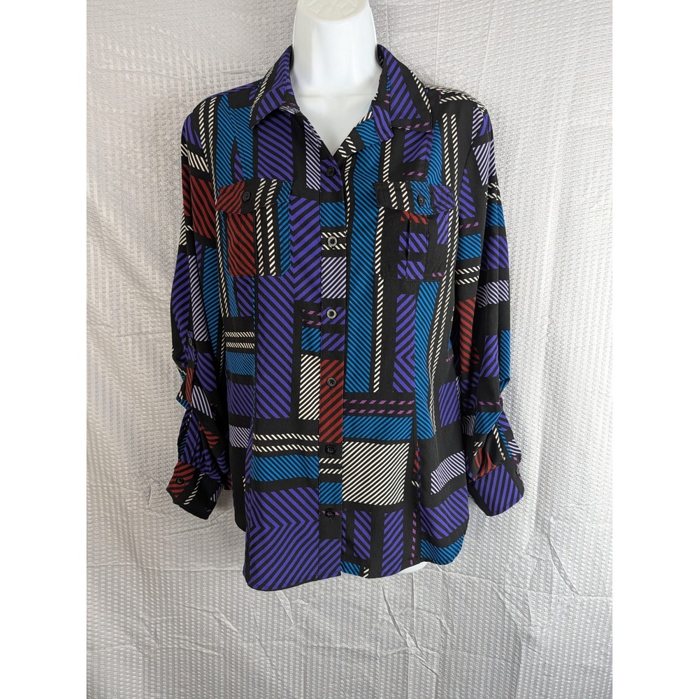 Dana Buchman Geometric Print Button Down Blouse M Black Purple Roll Tab Sleeve